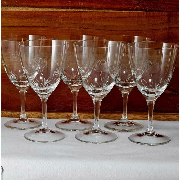 Etched Rose Leaf Vine Liquor Cocktail Glasses 5.5" set/6 vtg crystal floral - Picture 1 of 16